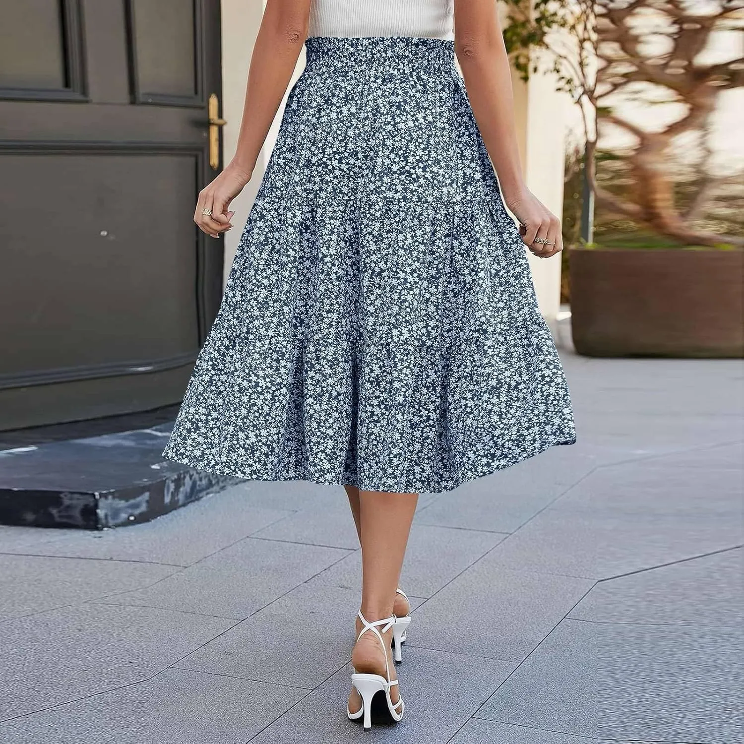 Maxi Skirts for Women Summer Floral Pleated Tiered Boho Flowy Elastic Waist A-Line Spring Beach Vacation Long Skirt