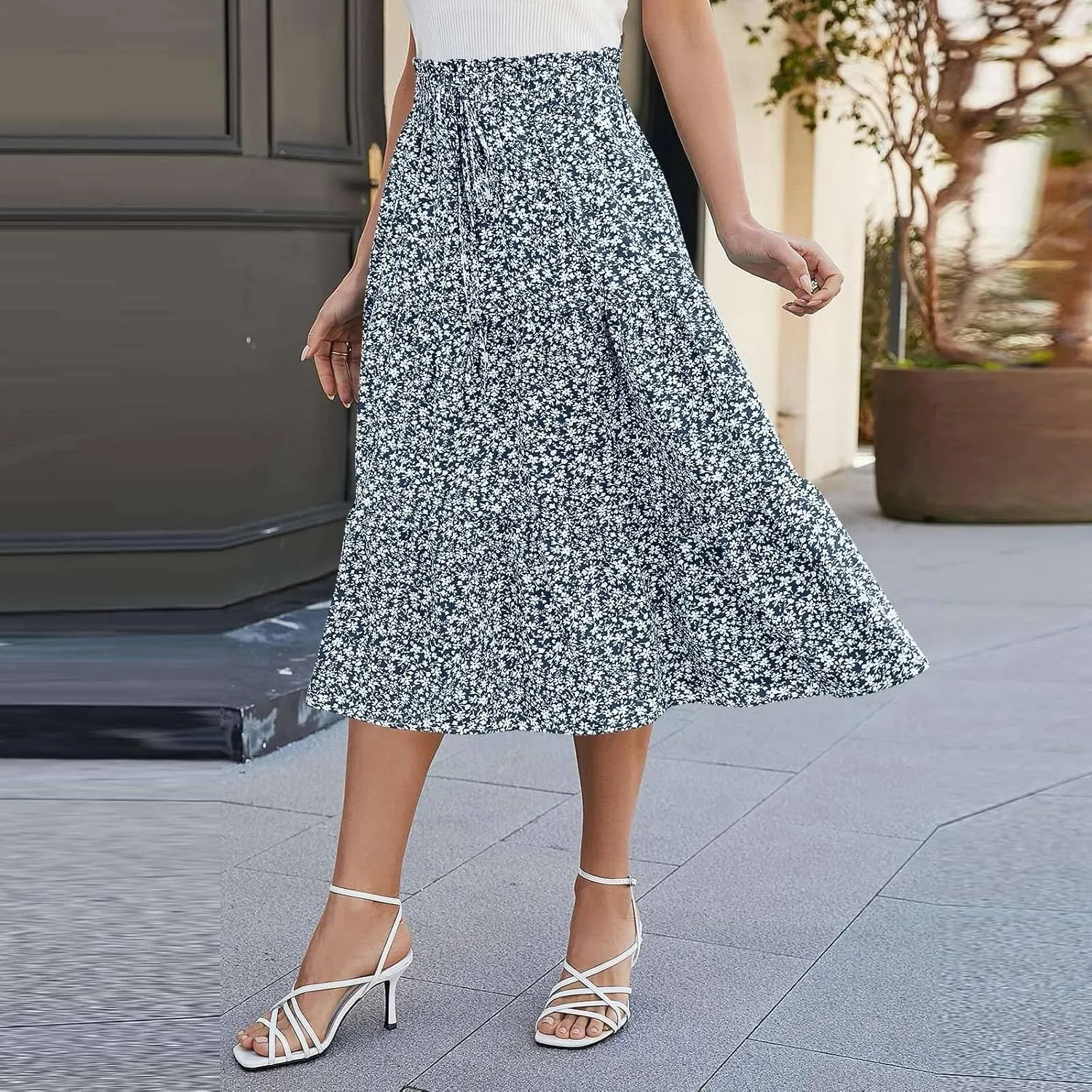 Maxi Skirts for Women Summer Floral Pleated Tiered Boho Flowy Elastic Waist A-Line Spring Beach Vacation Long Skirt