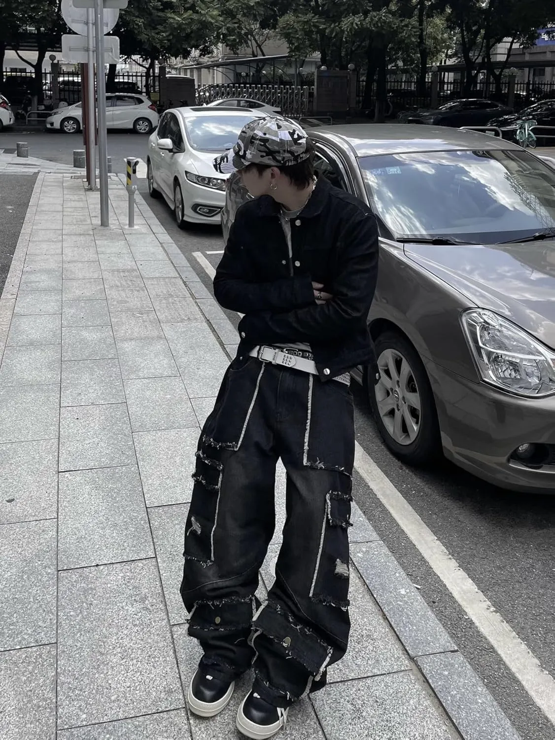 Mens Baggy Jeans Goth Steampunk Y2k Wide Leg Denim Pants with Cargo Pockets Skater Streetwear Punk Cargo Pants Trousers