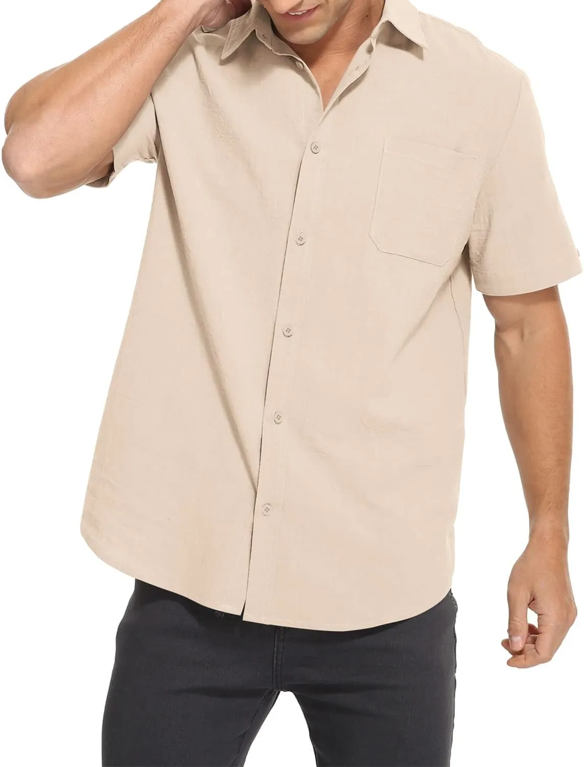 Mens Casual Button Down Shirts Short Sleeve Cotton Dress Shirt