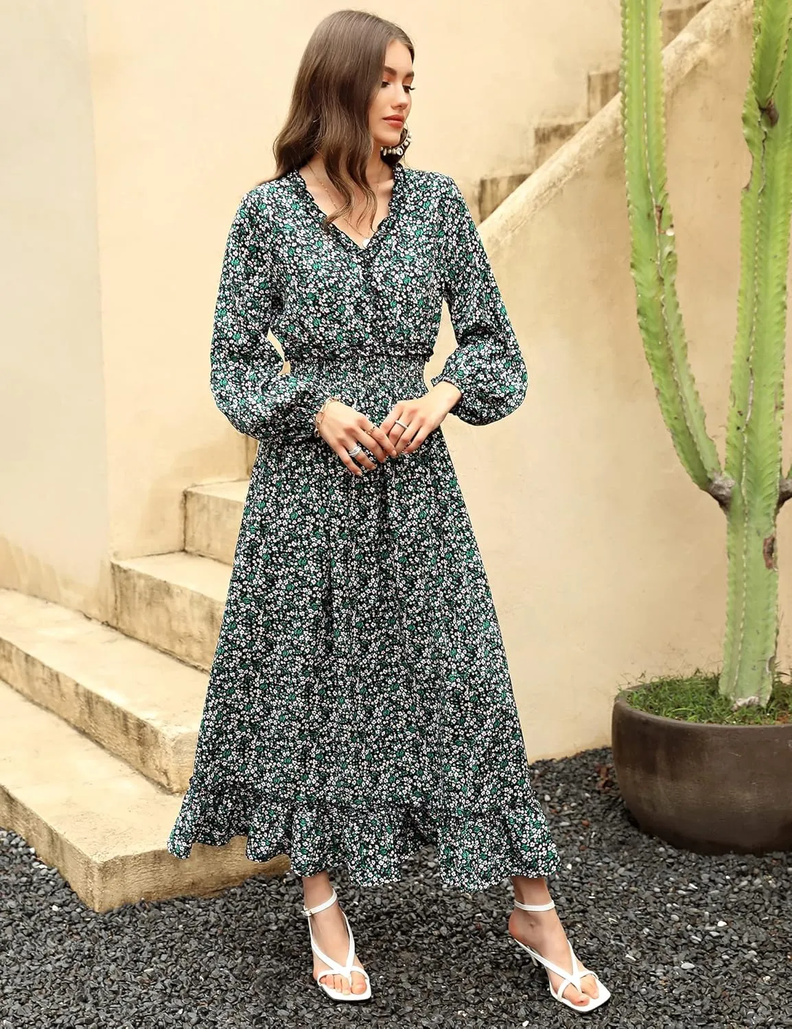 MISSKY Casual V Neck Boho Floral Print Wedding Guest Maxi Dresses for Women Bohemian Flowy Maxi Dress