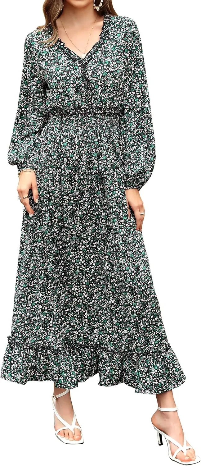 MISSKY Casual V Neck Boho Floral Print Wedding Guest Maxi Dresses for Women Bohemian Flowy Maxi Dress
