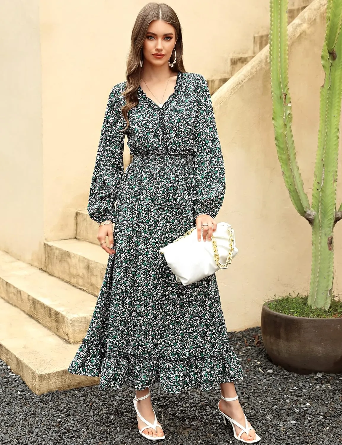 MISSKY Casual V Neck Boho Floral Print Wedding Guest Maxi Dresses for Women Bohemian Flowy Maxi Dress
