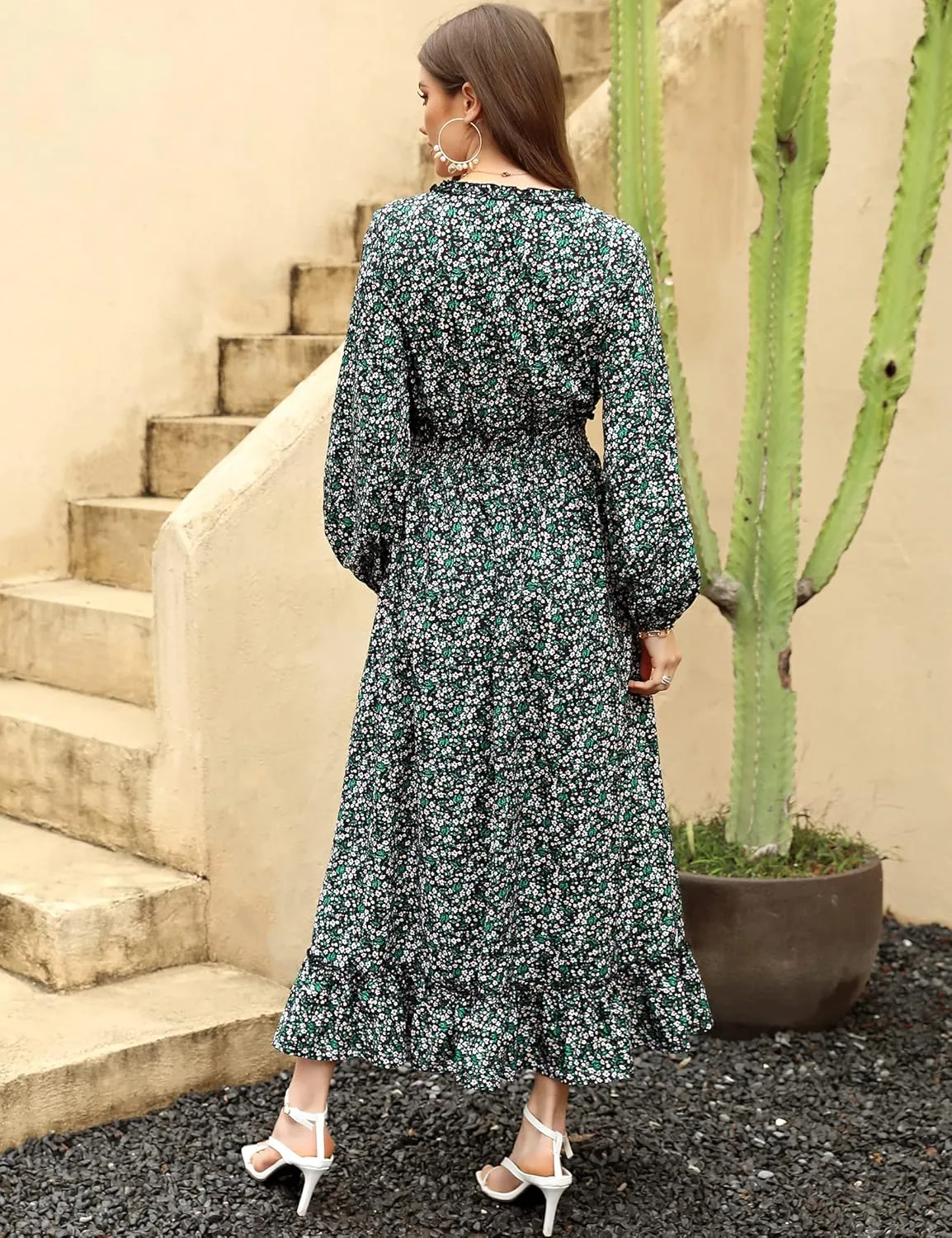 MISSKY Casual V Neck Boho Floral Print Wedding Guest Maxi Dresses for Women Bohemian Flowy Maxi Dress