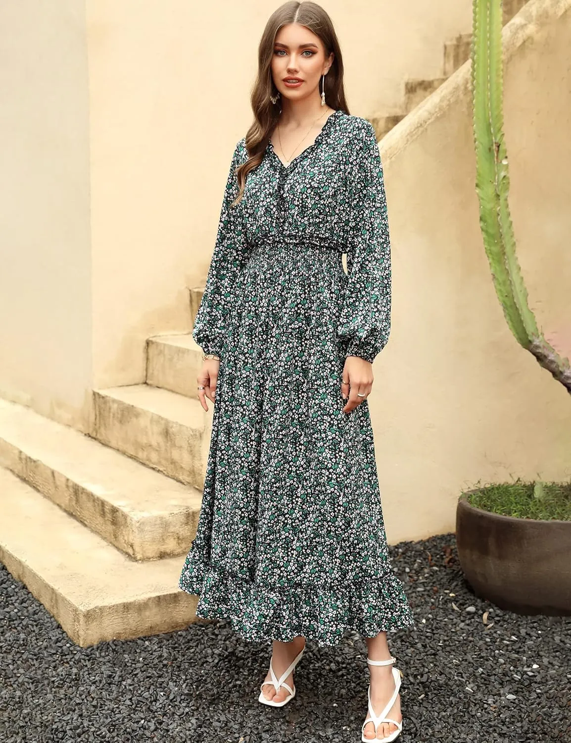 MISSKY Casual V Neck Boho Floral Print Wedding Guest Maxi Dresses for Women Bohemian Flowy Maxi Dress