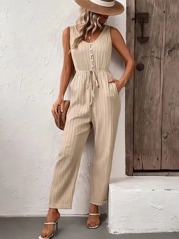 New fashion women’s casual solid color suspender jumpsuit