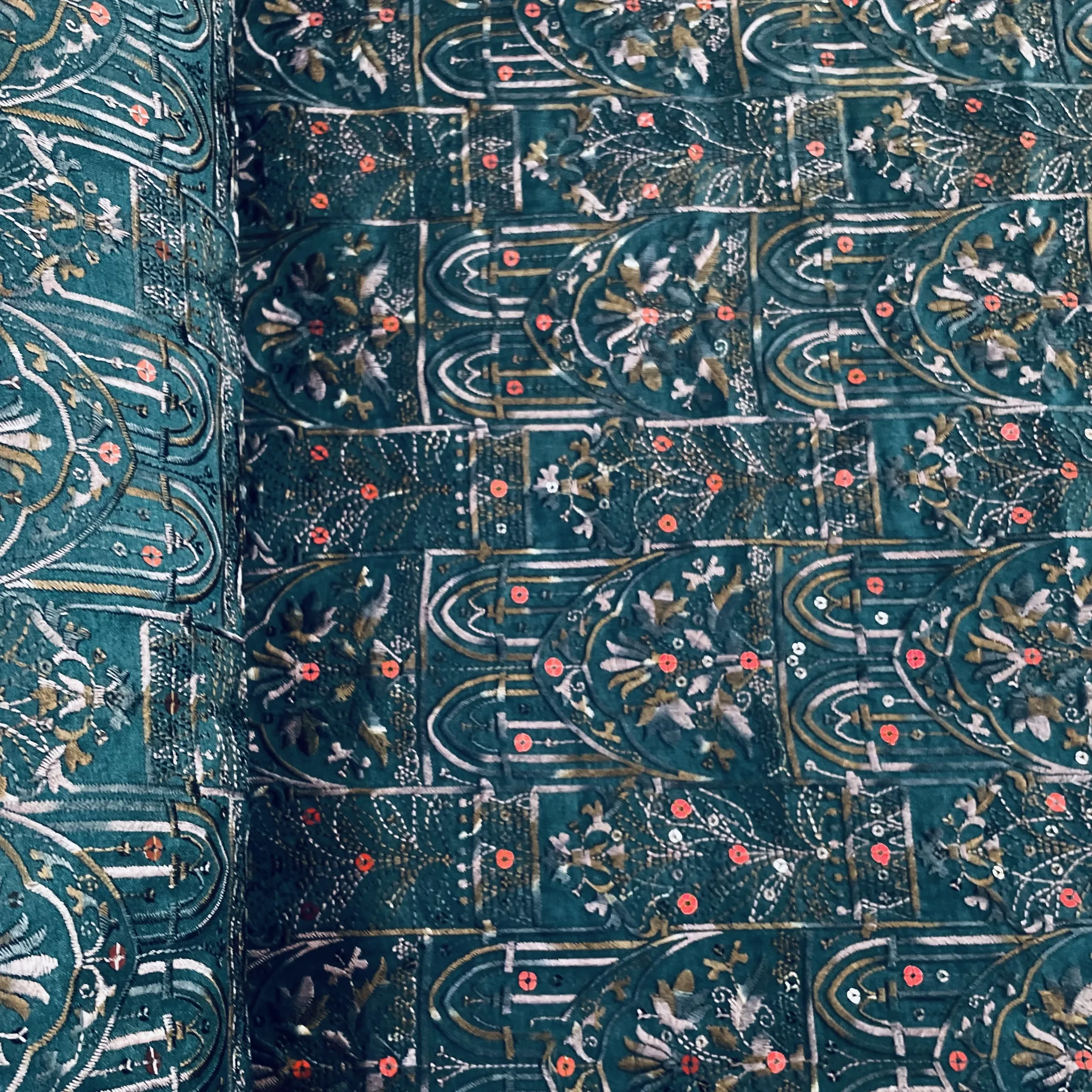 Peacock Green Thread Sequins Embroidery Russian Silk Fabric 19684