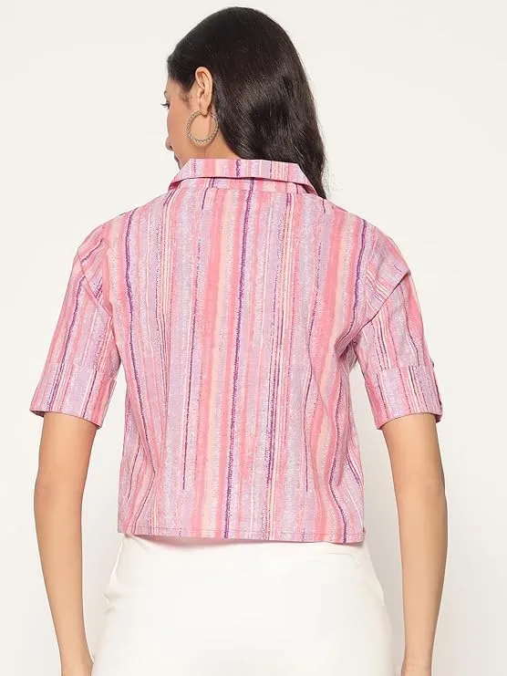 PIDAVLIYA'S Women's Kalamkari Printed Cuban Collar Cotton Printed Crop Shirt Top, Tunics with Short Sleeves
