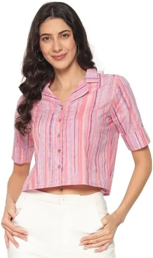 PIDAVLIYA'S Women's Kalamkari Printed Cuban Collar Cotton Printed Crop Shirt Top, Tunics with Short Sleeves