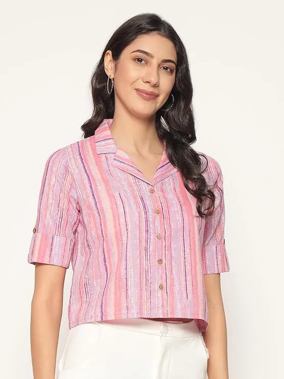 PIDAVLIYA'S Women's Kalamkari Printed Cuban Collar Cotton Printed Crop Shirt Top, Tunics with Short Sleeves