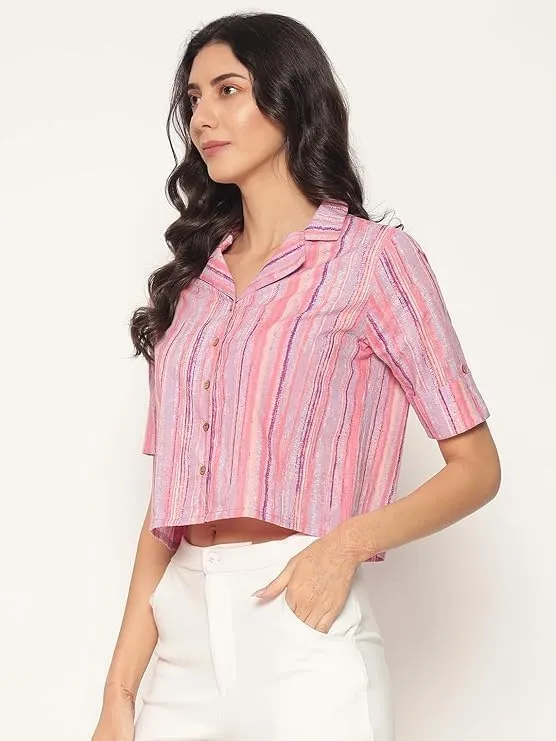 PIDAVLIYA'S Women's Kalamkari Printed Cuban Collar Cotton Printed Crop Shirt Top, Tunics with Short Sleeves