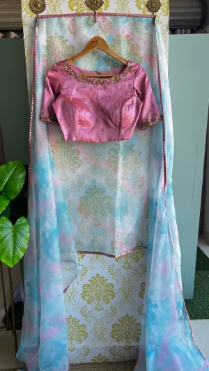 Pink rainbow saree with hand work blouse