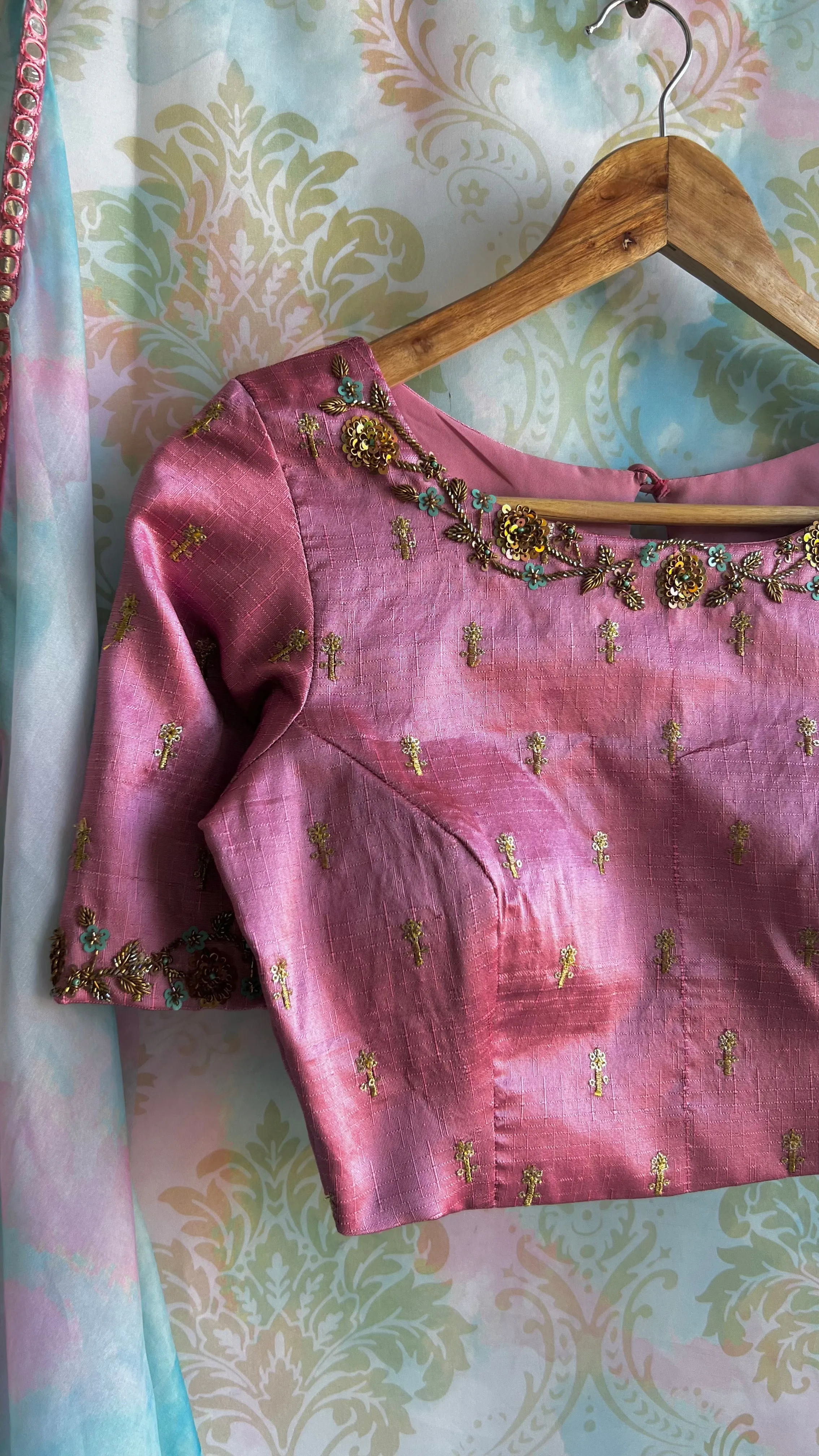 Pink rainbow saree with hand work blouse