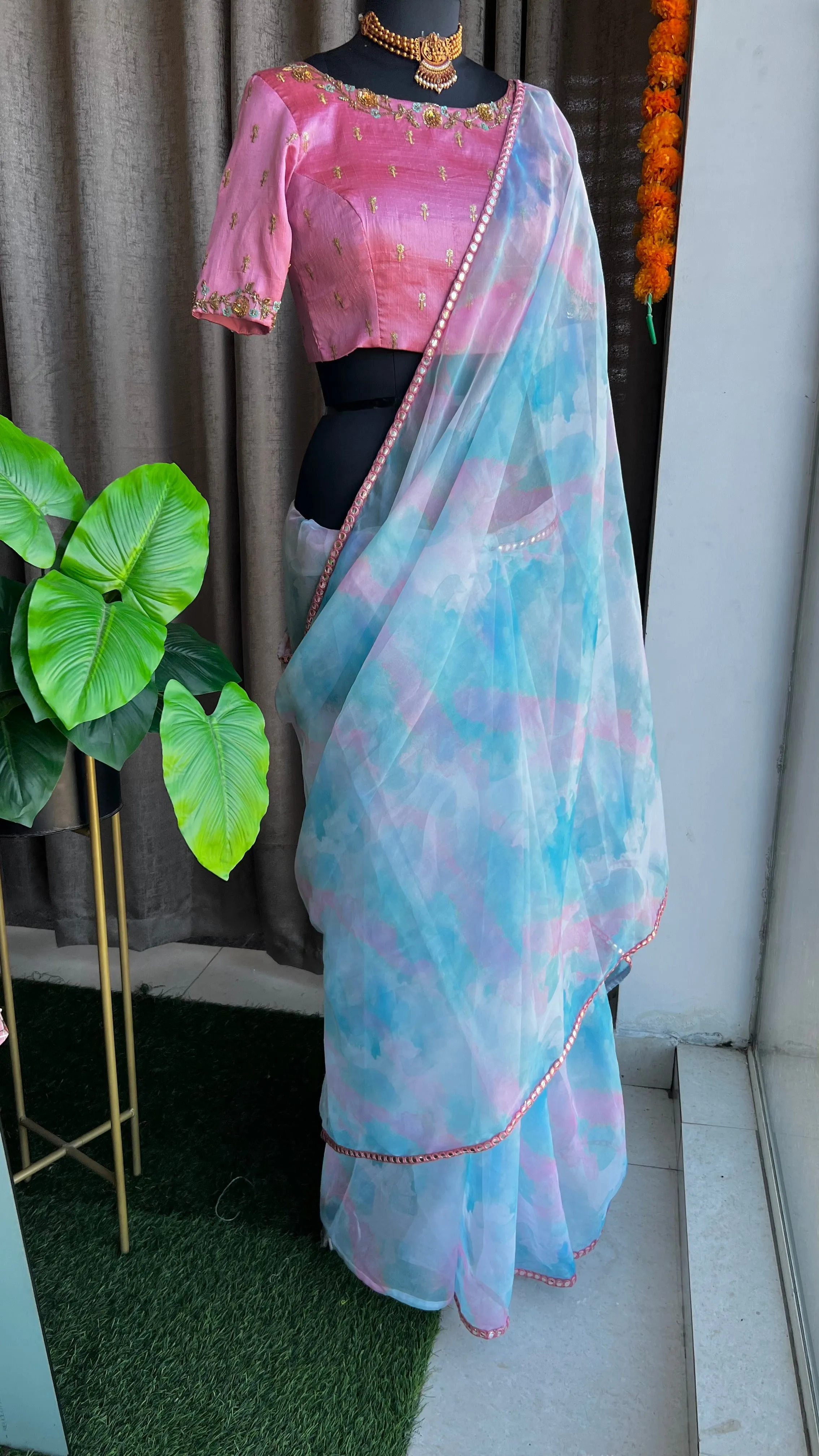 Pink rainbow saree with hand work blouse