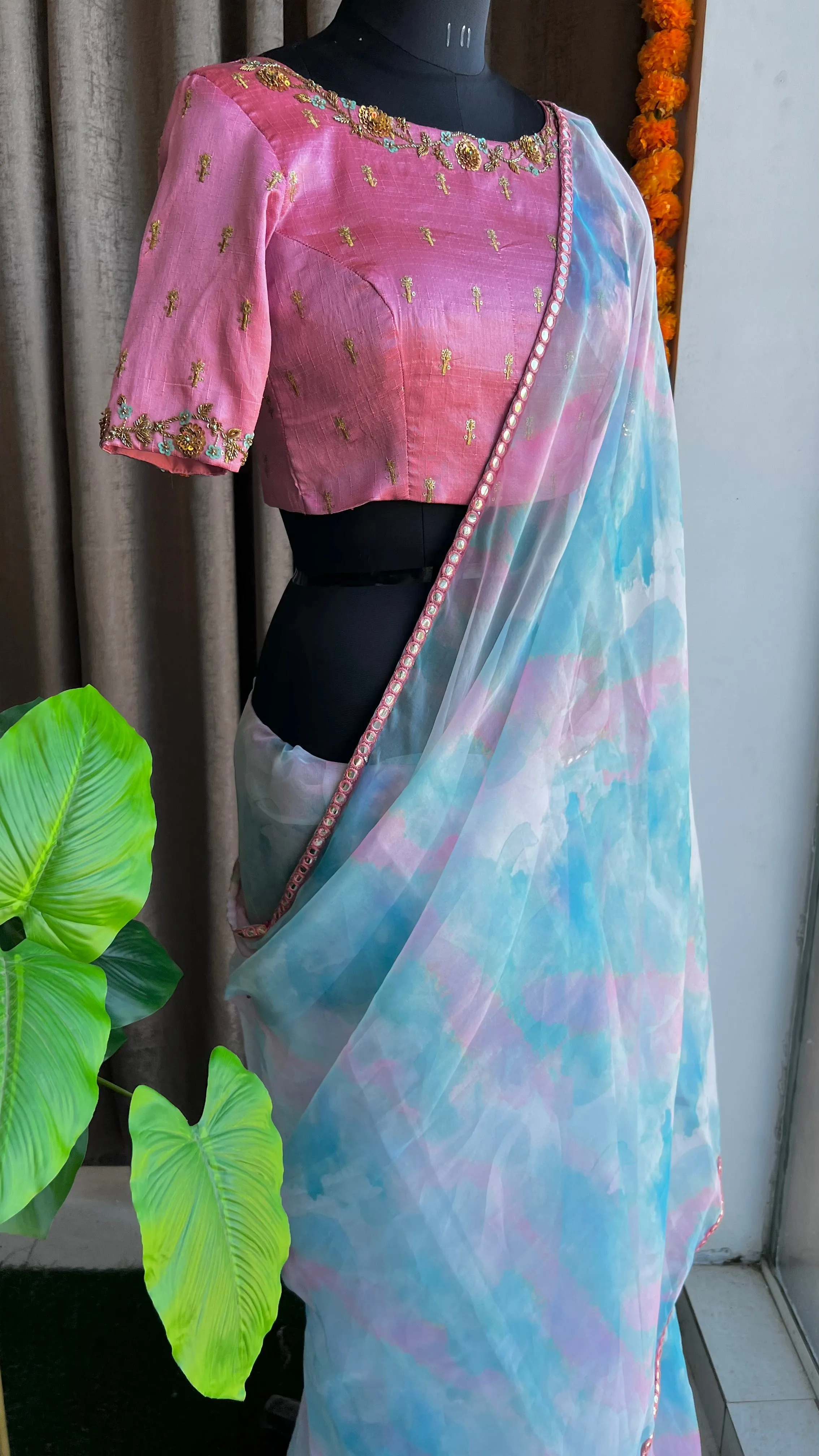 Pink rainbow saree with hand work blouse