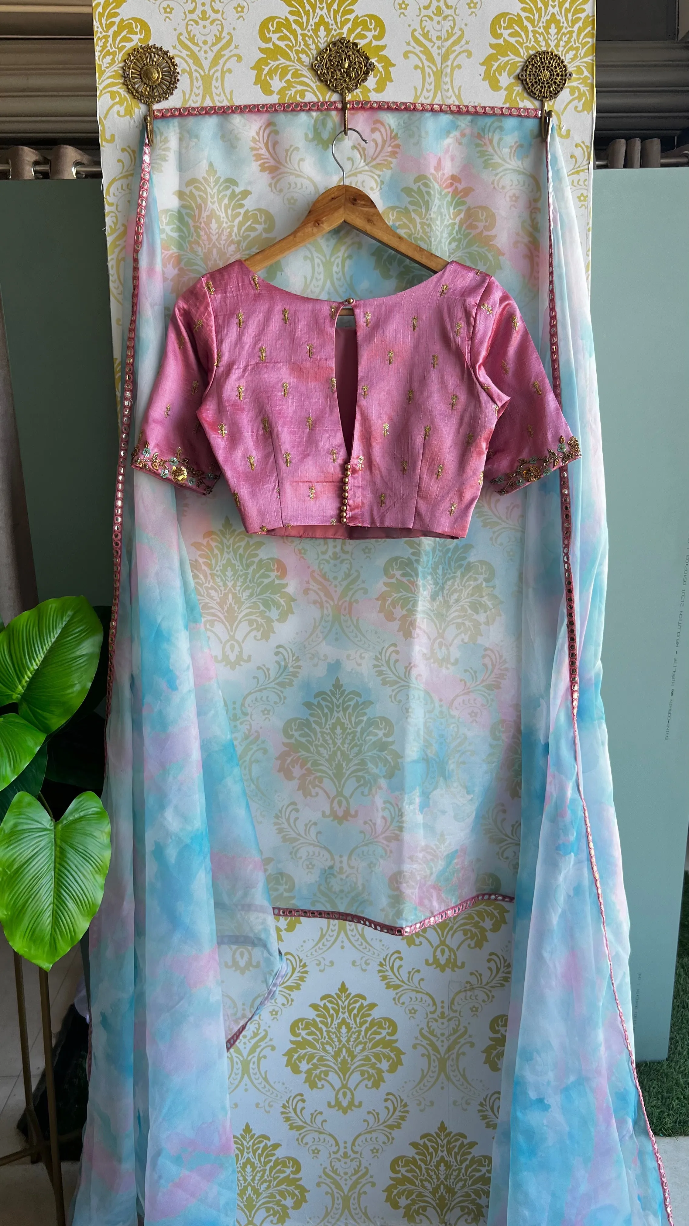 Pink rainbow saree with hand work blouse