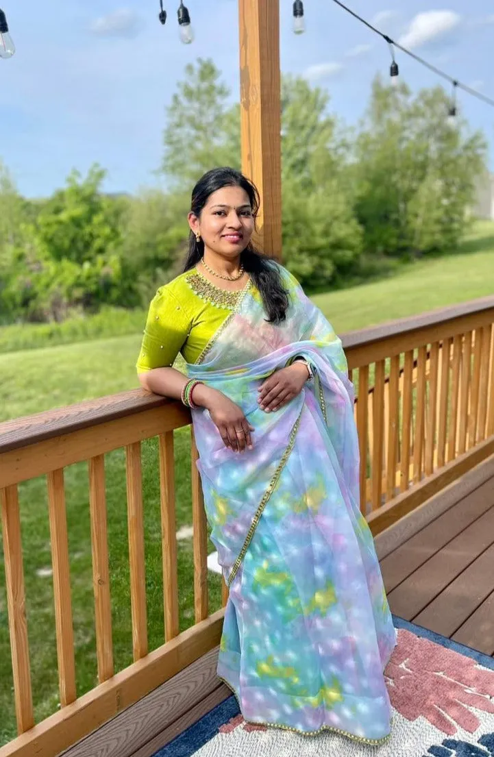 Pink rainbow saree with hand work blouse