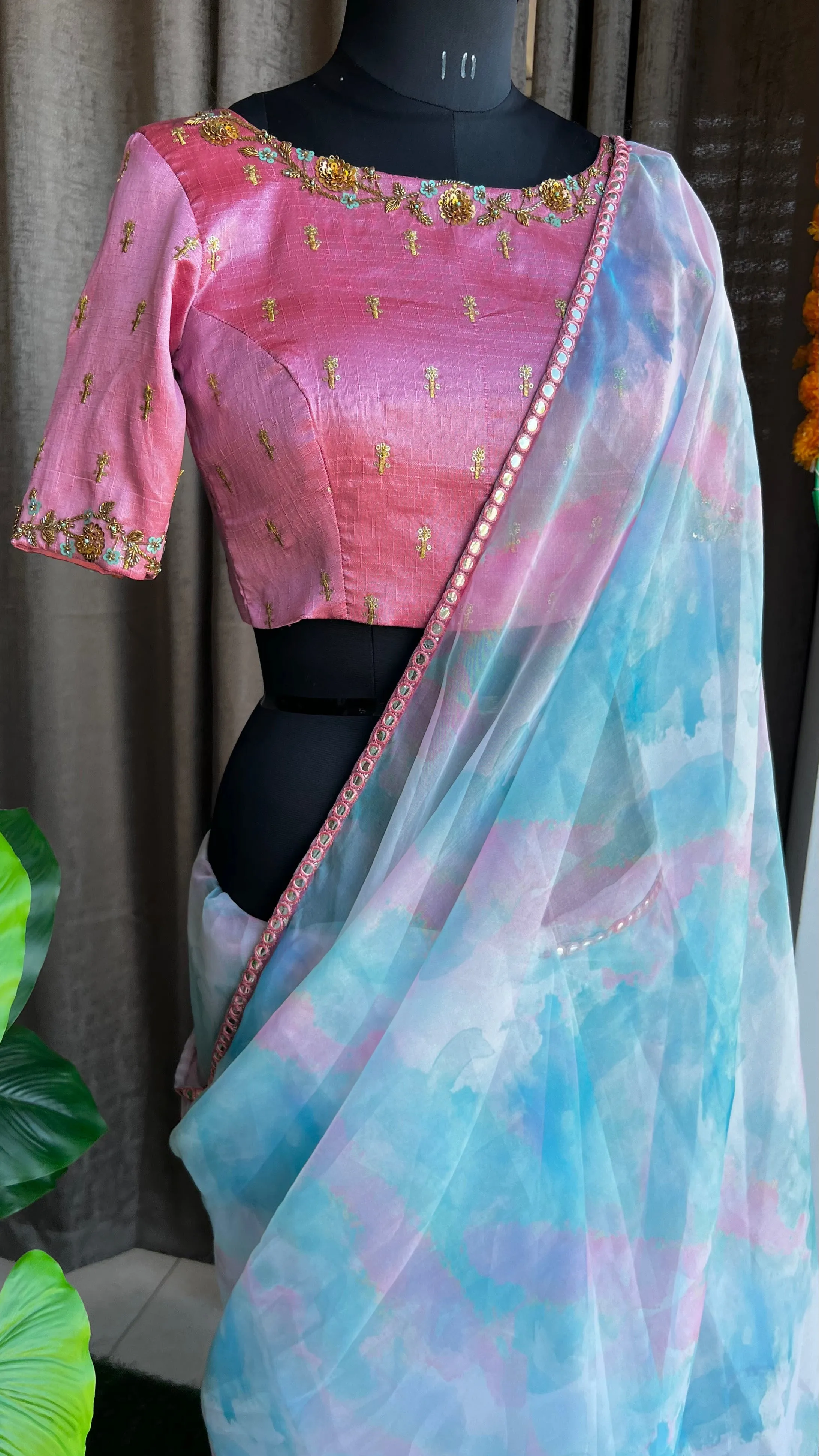Pink rainbow saree with hand work blouse