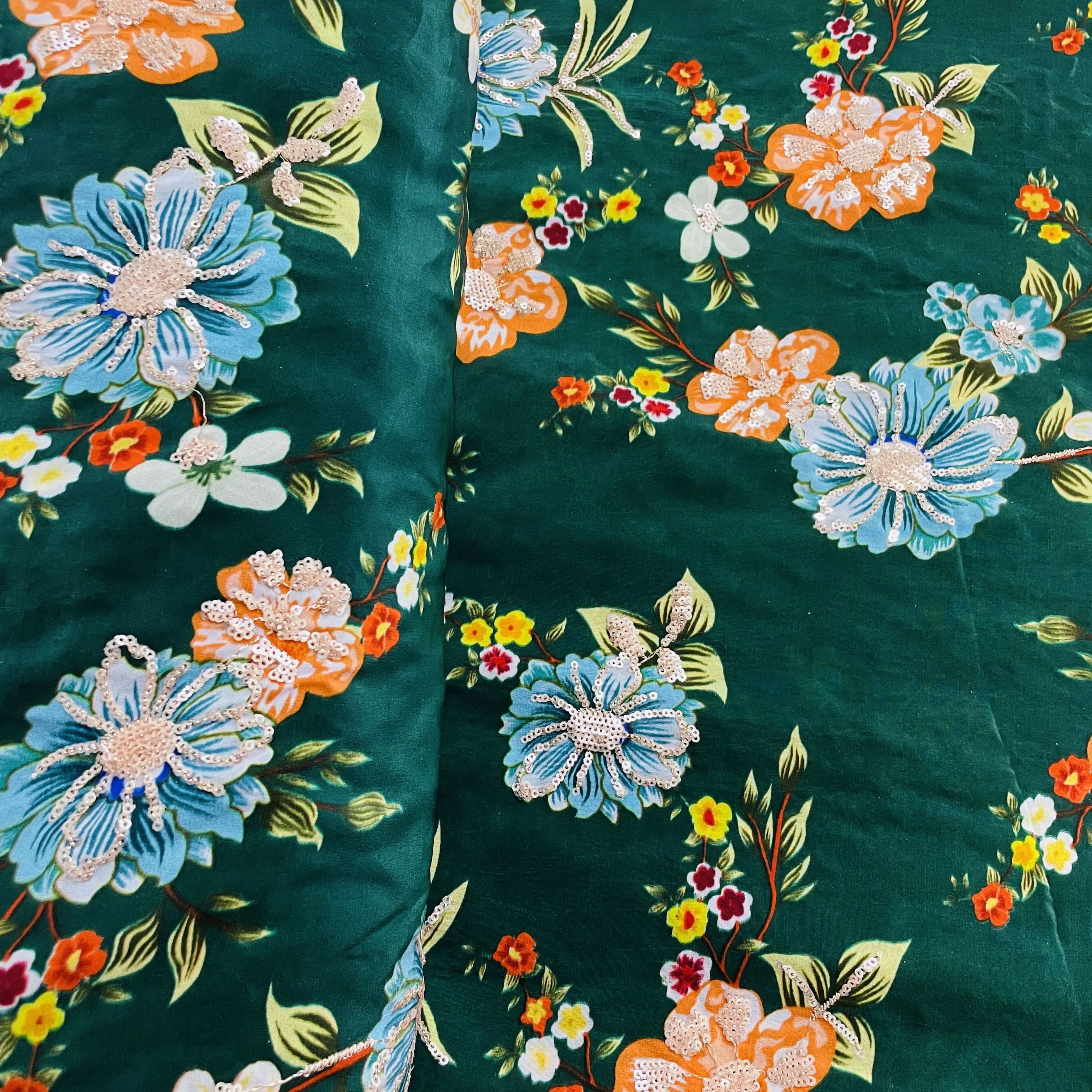 Premium  Dark Green Floral Sequins Embroidery Natural Crape Fabric