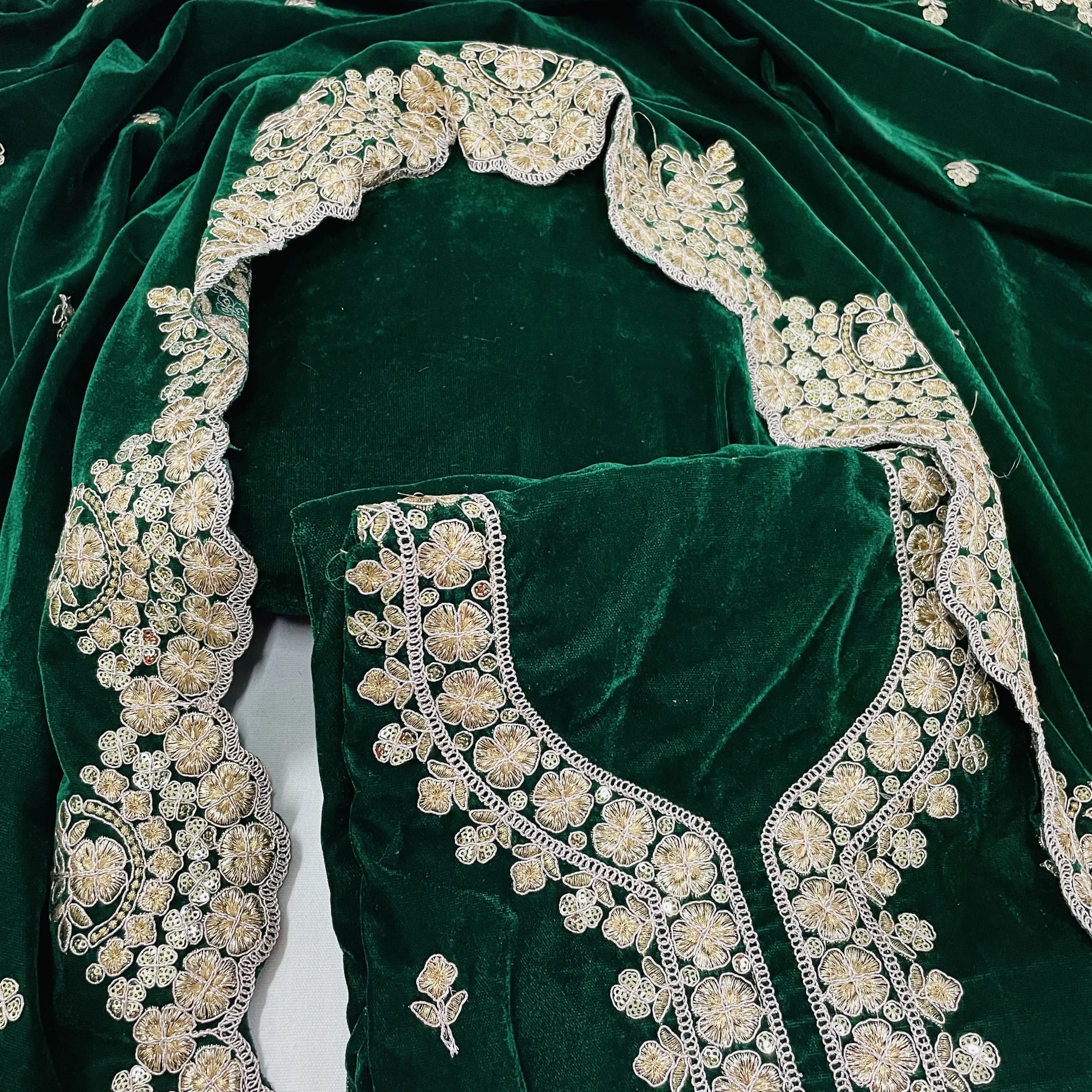 Premium Green Zari Sequins Embroidery Velvet Suit Set With Dupatta