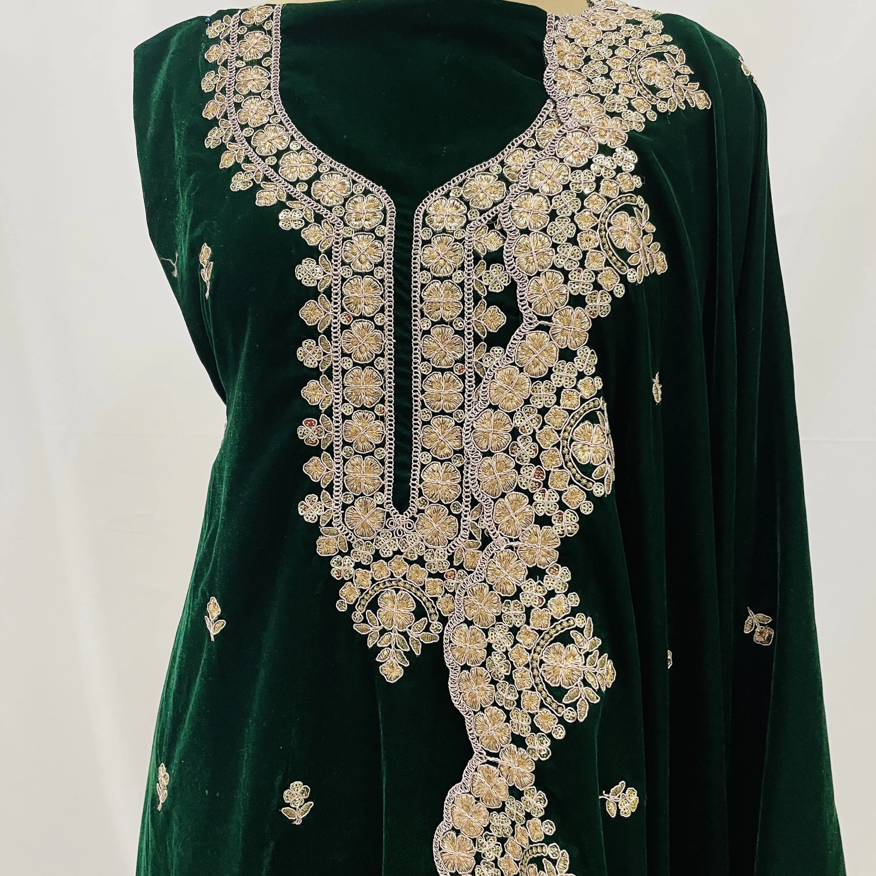 Premium Green Zari Sequins Embroidery Velvet Suit Set With Dupatta