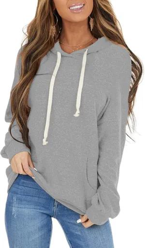 PRETTODAY Women's Casual Lightweight Hoodies Long Sleeve White Drawstring Sweatshirts Loose Pullovers with Pocket
