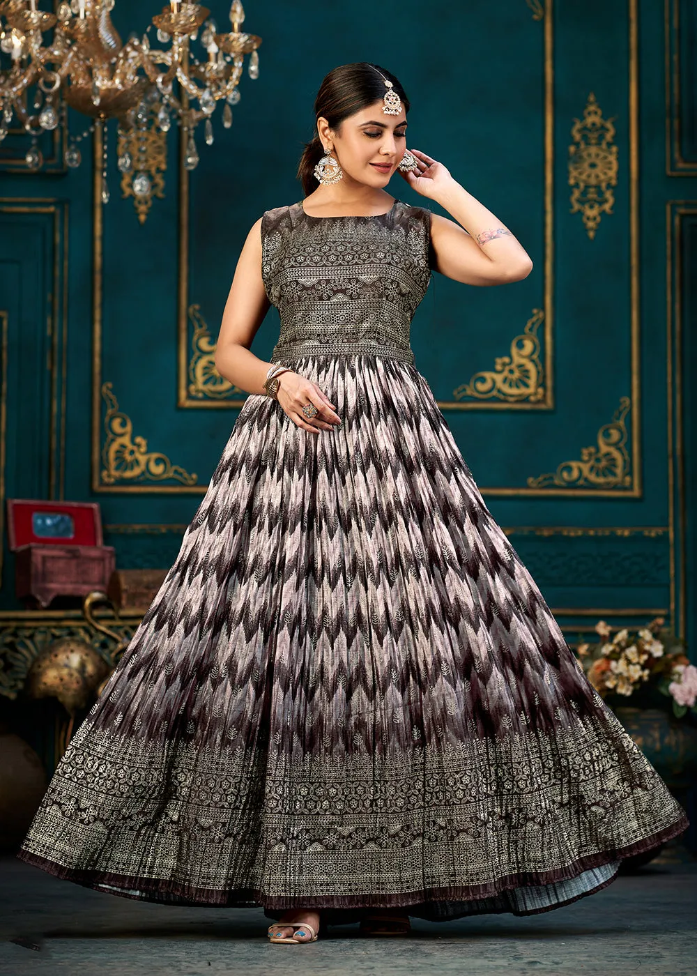 Purple Multicolor Digital Foil Printed Ready to Wear Gown