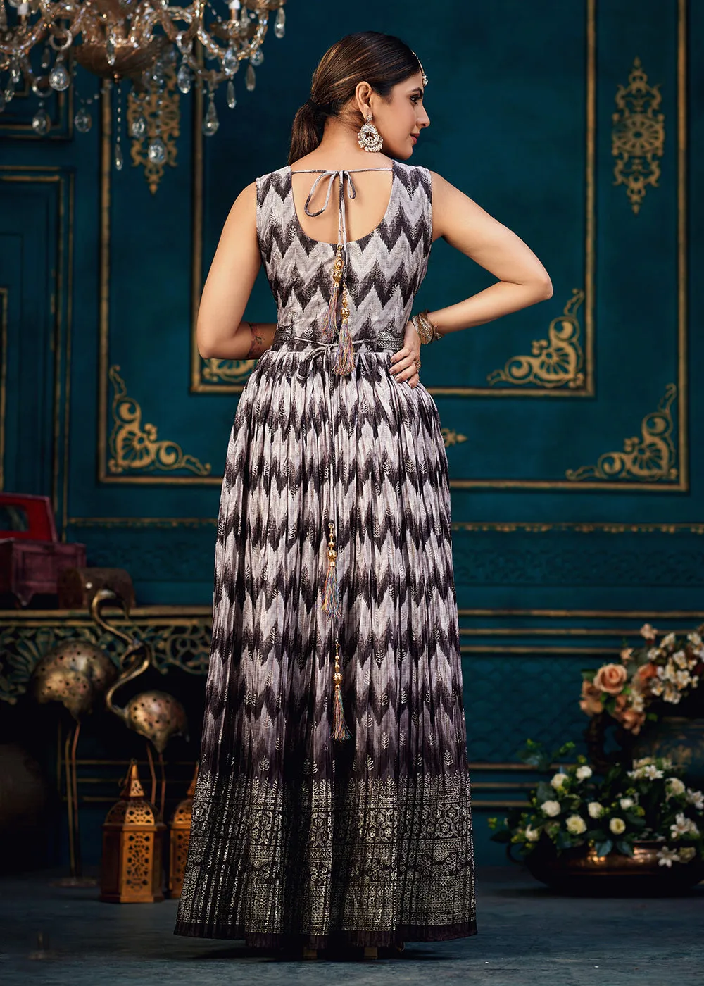 Purple Multicolor Digital Foil Printed Ready to Wear Gown