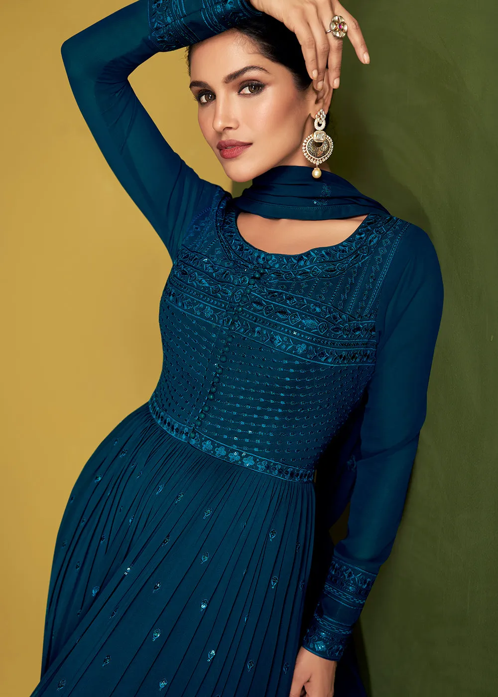 Radiant Blue Anarkali Style Designer Palazzo Salwar Suit