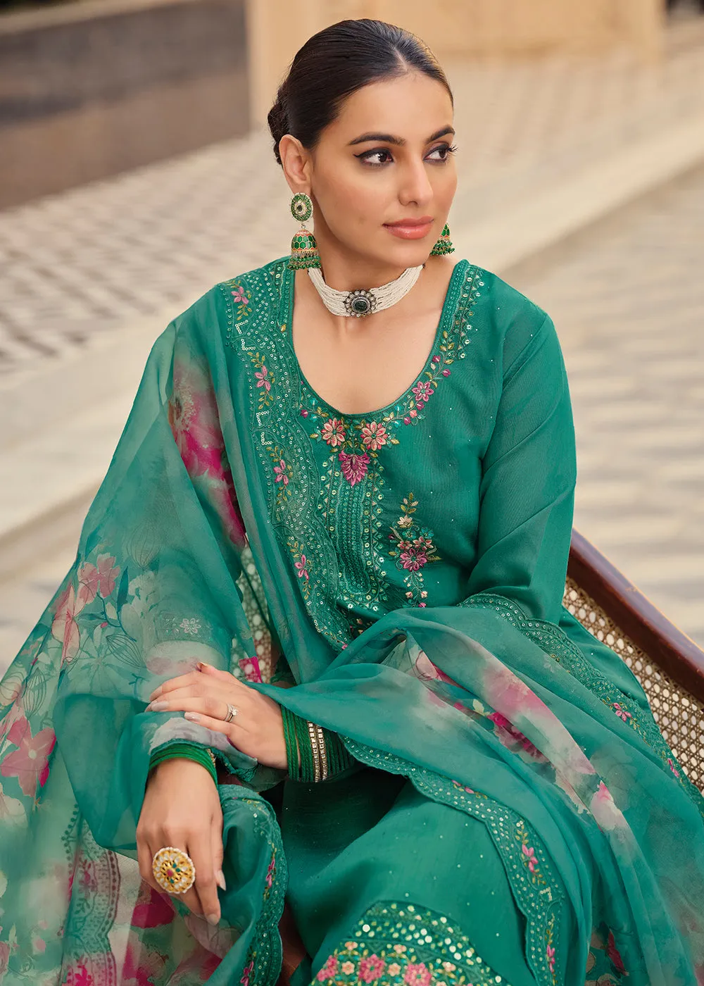 Rama Color Embroidered Silk Pant Style Salwar Suit