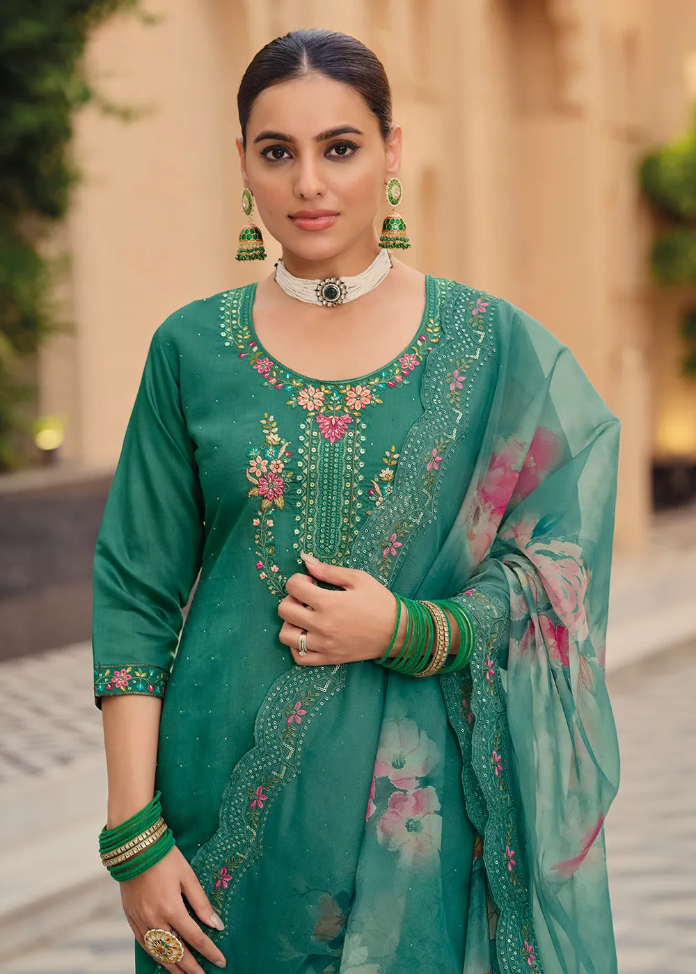 Rama Color Embroidered Silk Pant Style Salwar Suit