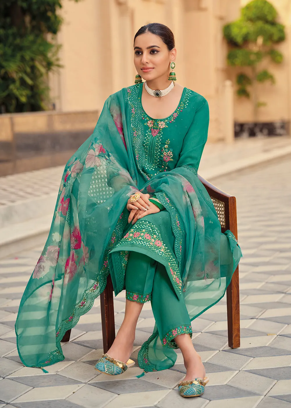 Rama Color Embroidered Silk Pant Style Salwar Suit