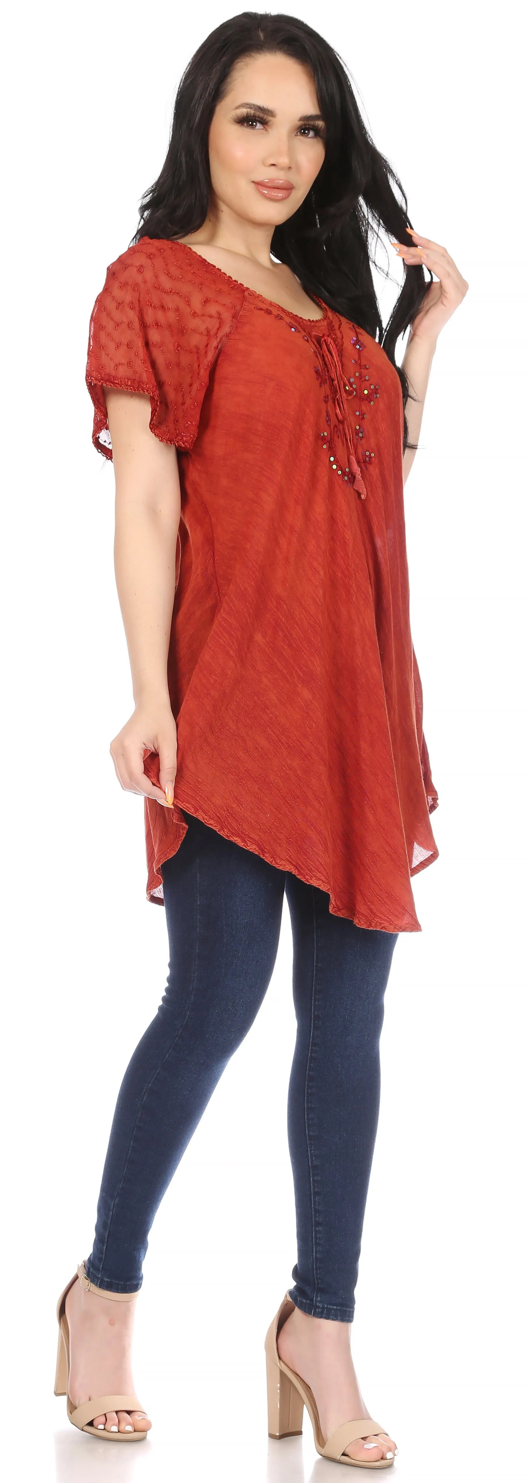 Sakkas Ellie Sequin Embroidered Cap Sleeve Scoop Neck Relaxed Fit Blouse