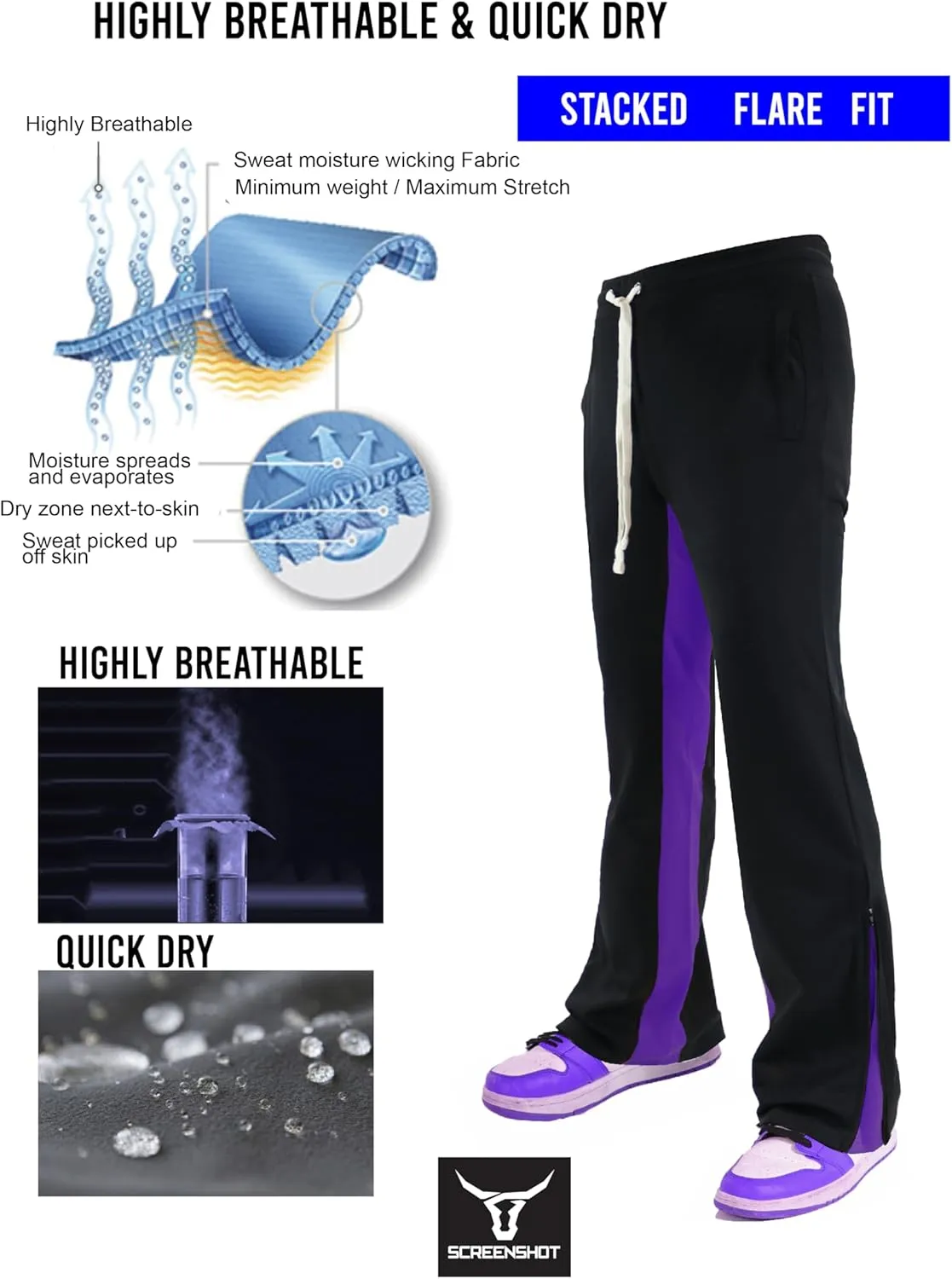 SCREENSHOT Track Pants 3202 Mens Streetwear Premium Stacked Flare Fit Urban Track Pants Workout Athletic Bottoms