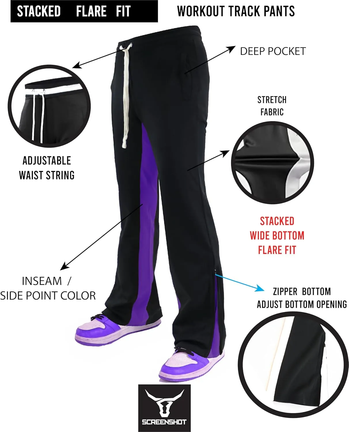 SCREENSHOT Track Pants 3202 Mens Streetwear Premium Stacked Flare Fit Urban Track Pants Workout Athletic Bottoms