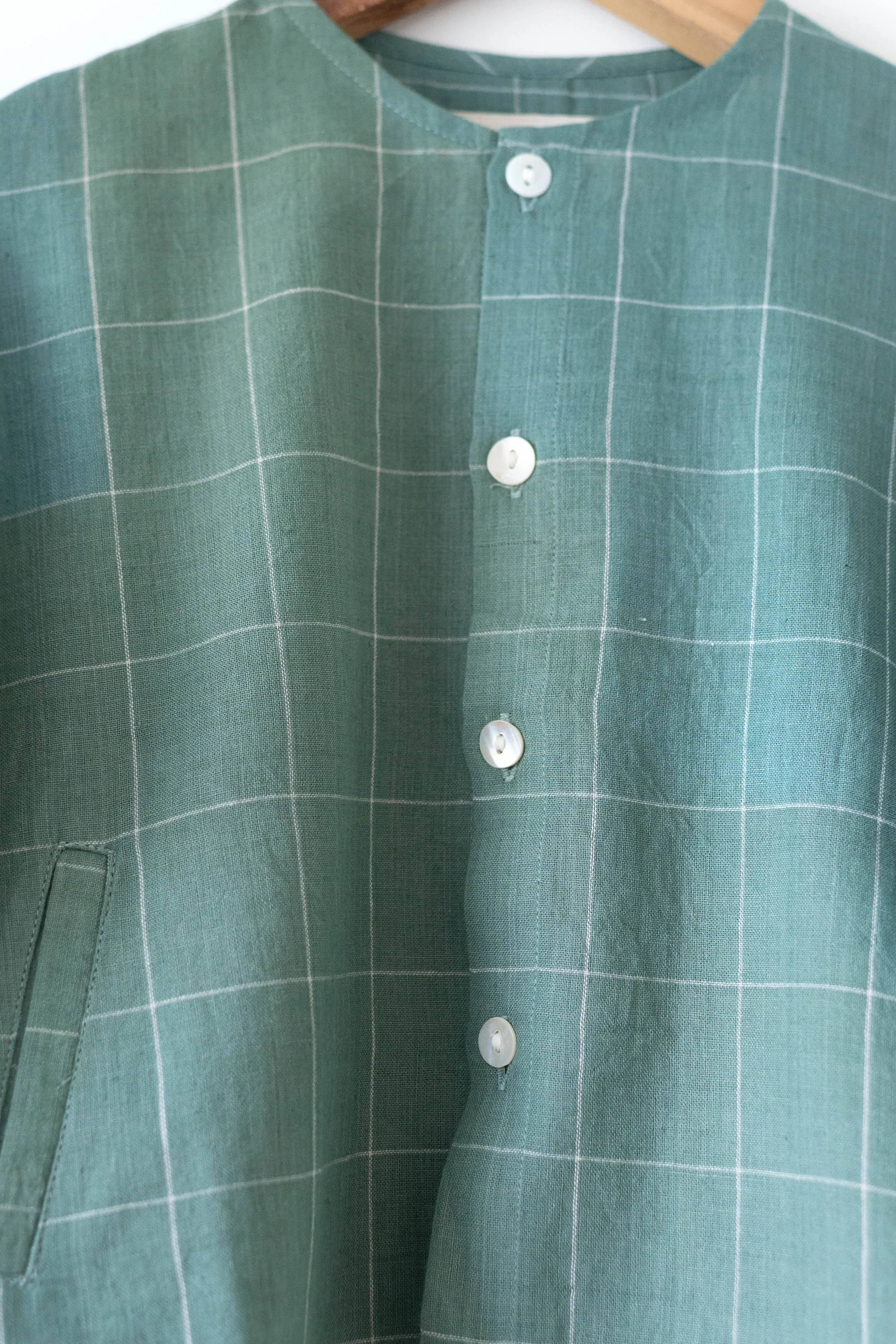 Shared secrets’ unisex full sleeve kimono shirt and shorts co-ord in teal handwoven cotton checks