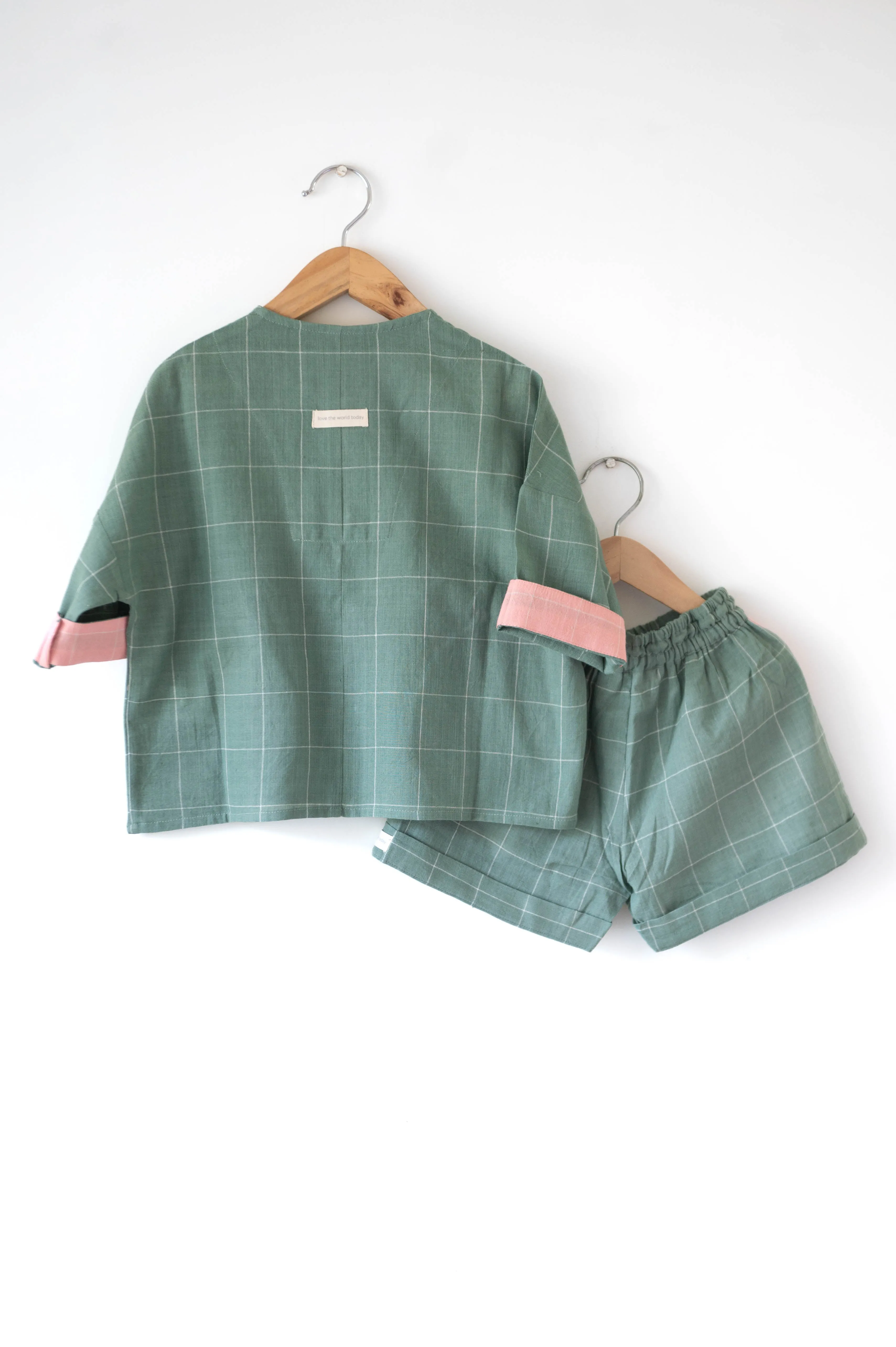 Shared secrets’ unisex full sleeve kimono shirt and shorts co-ord in teal handwoven cotton checks