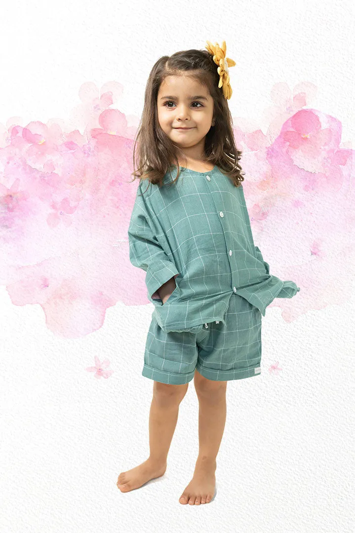 Shared secrets’ unisex full sleeve kimono shirt and shorts co-ord in teal handwoven cotton checks