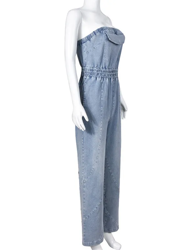 Sleeveless Straight Leg Elasticity Pleated Pockets Split-Joint Tube Jumpsuits