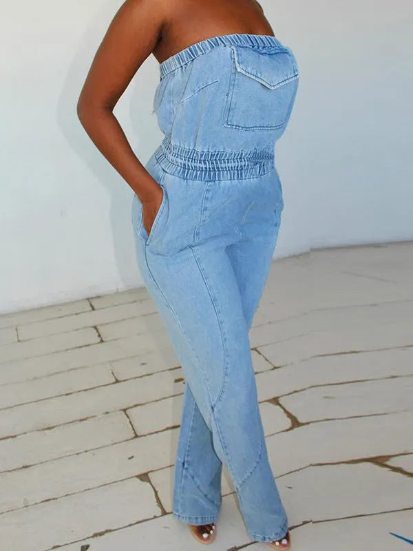 Sleeveless Straight Leg Elasticity Pleated Pockets Split-Joint Tube Jumpsuits