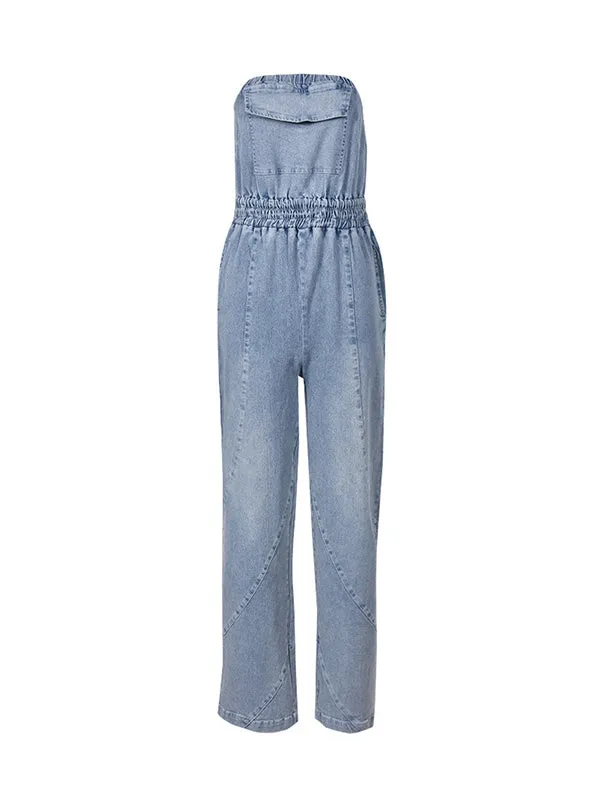 Sleeveless Straight Leg Elasticity Pleated Pockets Split-Joint Tube Jumpsuits