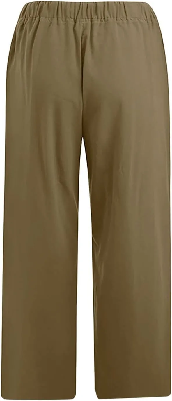SMIDOW Cotton Linen Wide Leg Pants for Women Casual Summer Drawstring Elastic Waist Capris Loose Cropped Trouser with Pockets