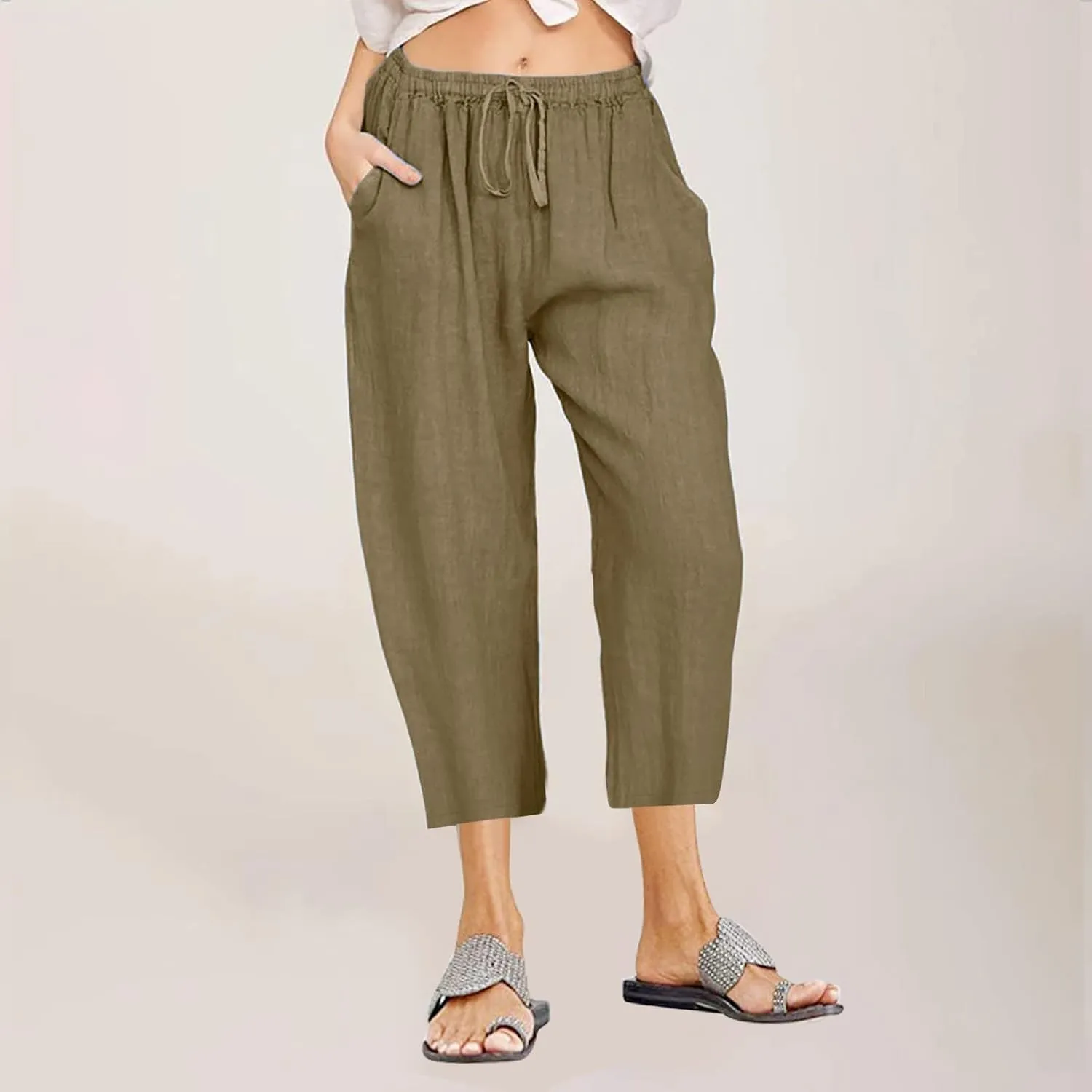 SMIDOW Cotton Linen Wide Leg Pants for Women Casual Summer Drawstring Elastic Waist Capris Loose Cropped Trouser with Pockets