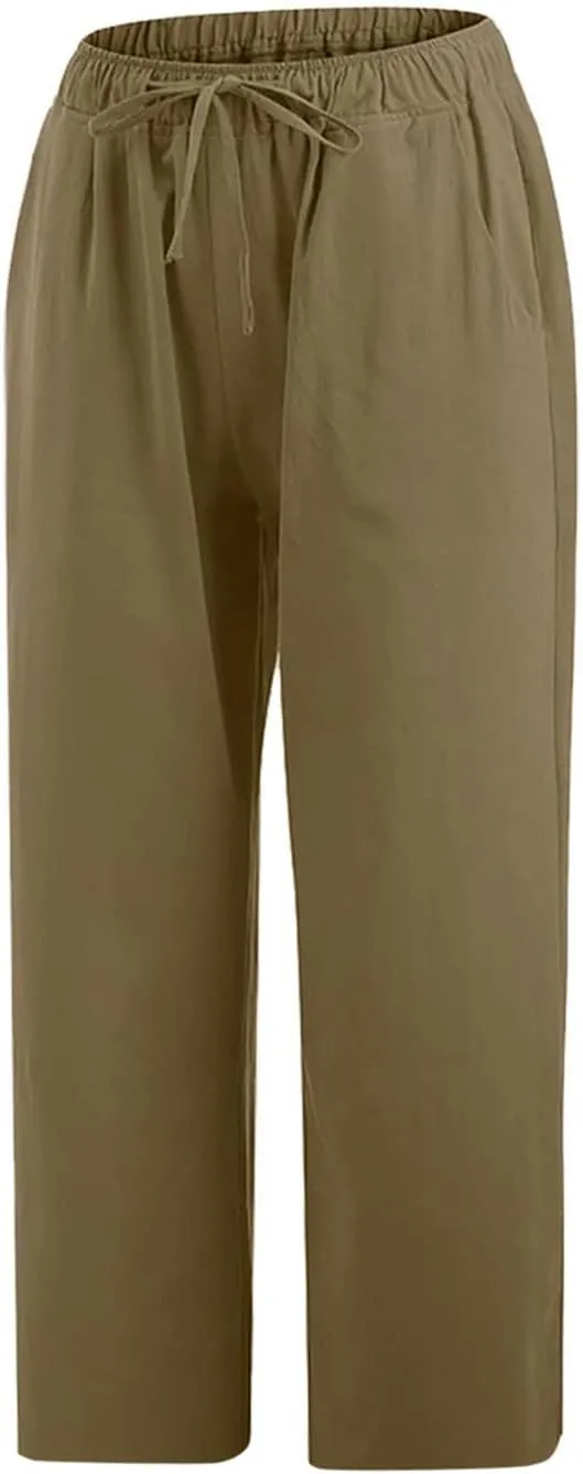 SMIDOW Cotton Linen Wide Leg Pants for Women Casual Summer Drawstring Elastic Waist Capris Loose Cropped Trouser with Pockets