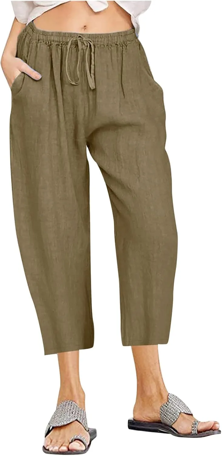 SMIDOW Cotton Linen Wide Leg Pants for Women Casual Summer Drawstring Elastic Waist Capris Loose Cropped Trouser with Pockets