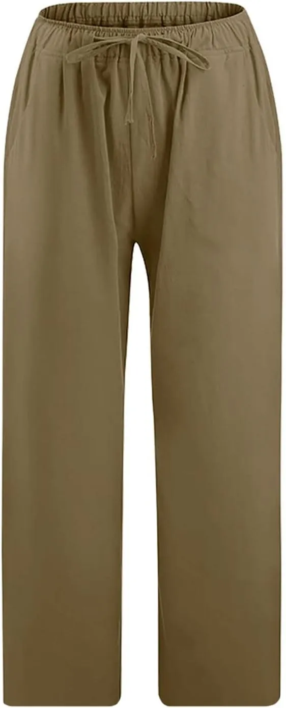 SMIDOW Cotton Linen Wide Leg Pants for Women Casual Summer Drawstring Elastic Waist Capris Loose Cropped Trouser with Pockets