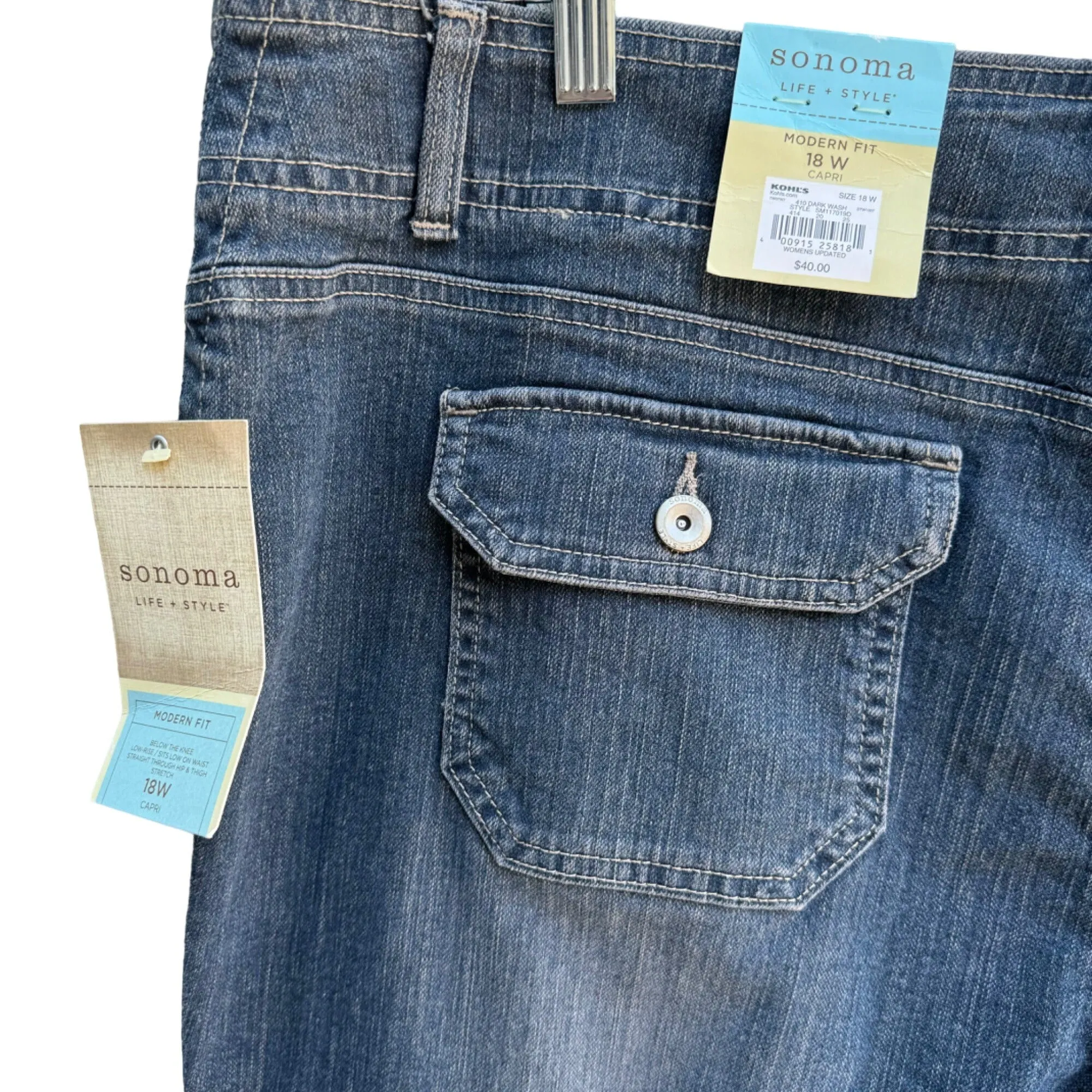 Sonoma Life   Style Modern Fit Denim Capris Pockets & Button Accents - New - 18W