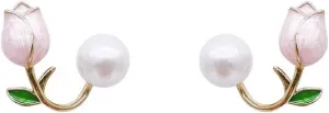 Sterling Silver Freshwater Pearl Pink Tulip Flower Earrings Fairy Floral Jewelry for Women