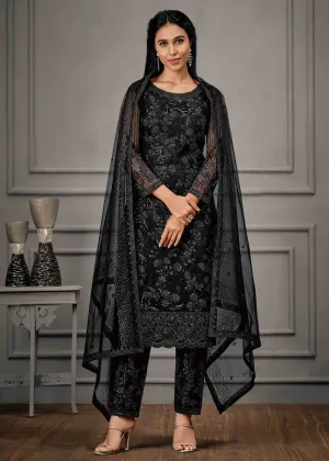 Tempting Black Wedding Wear Net Embroidered Salwar Suit