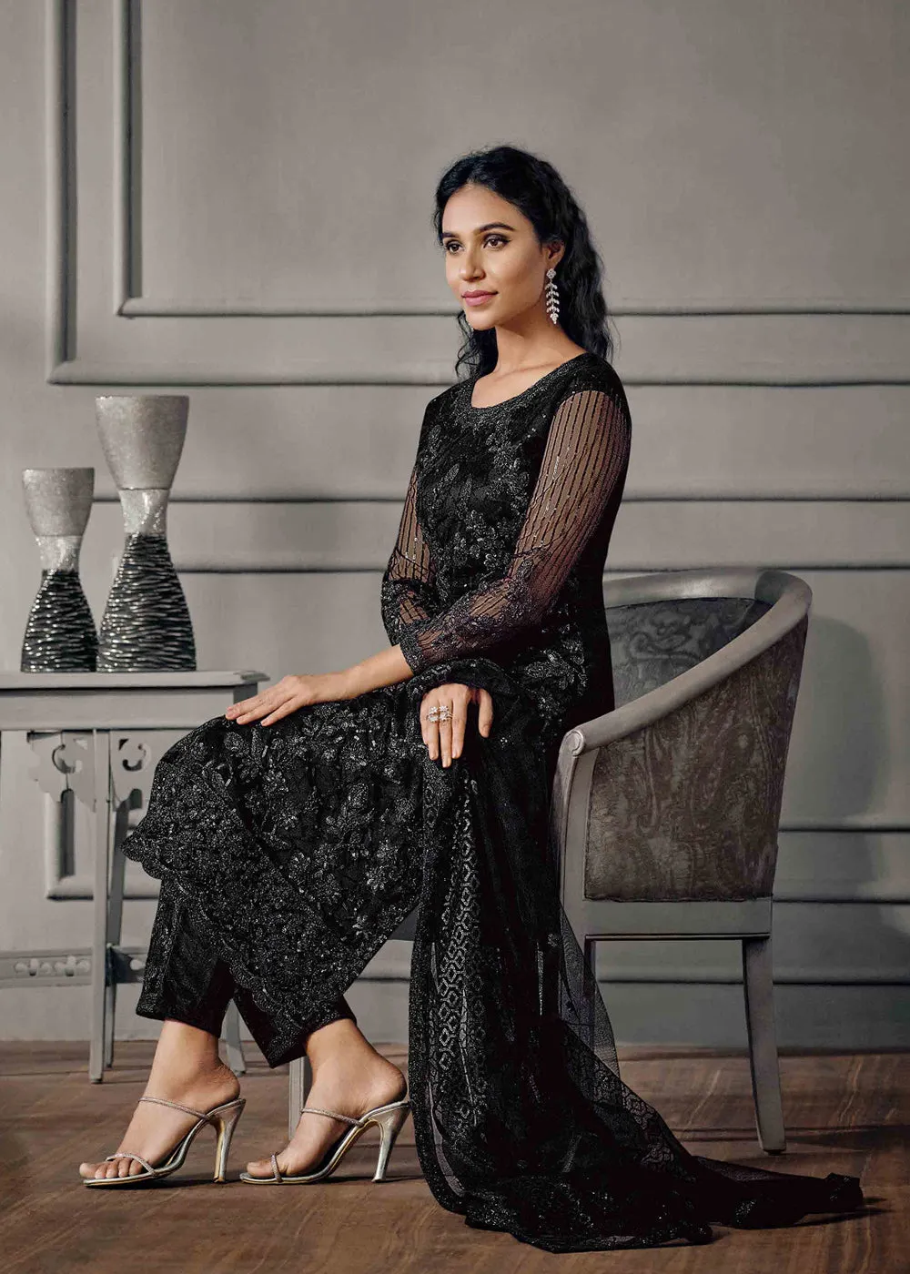 Tempting Black Wedding Wear Net Embroidered Salwar Suit